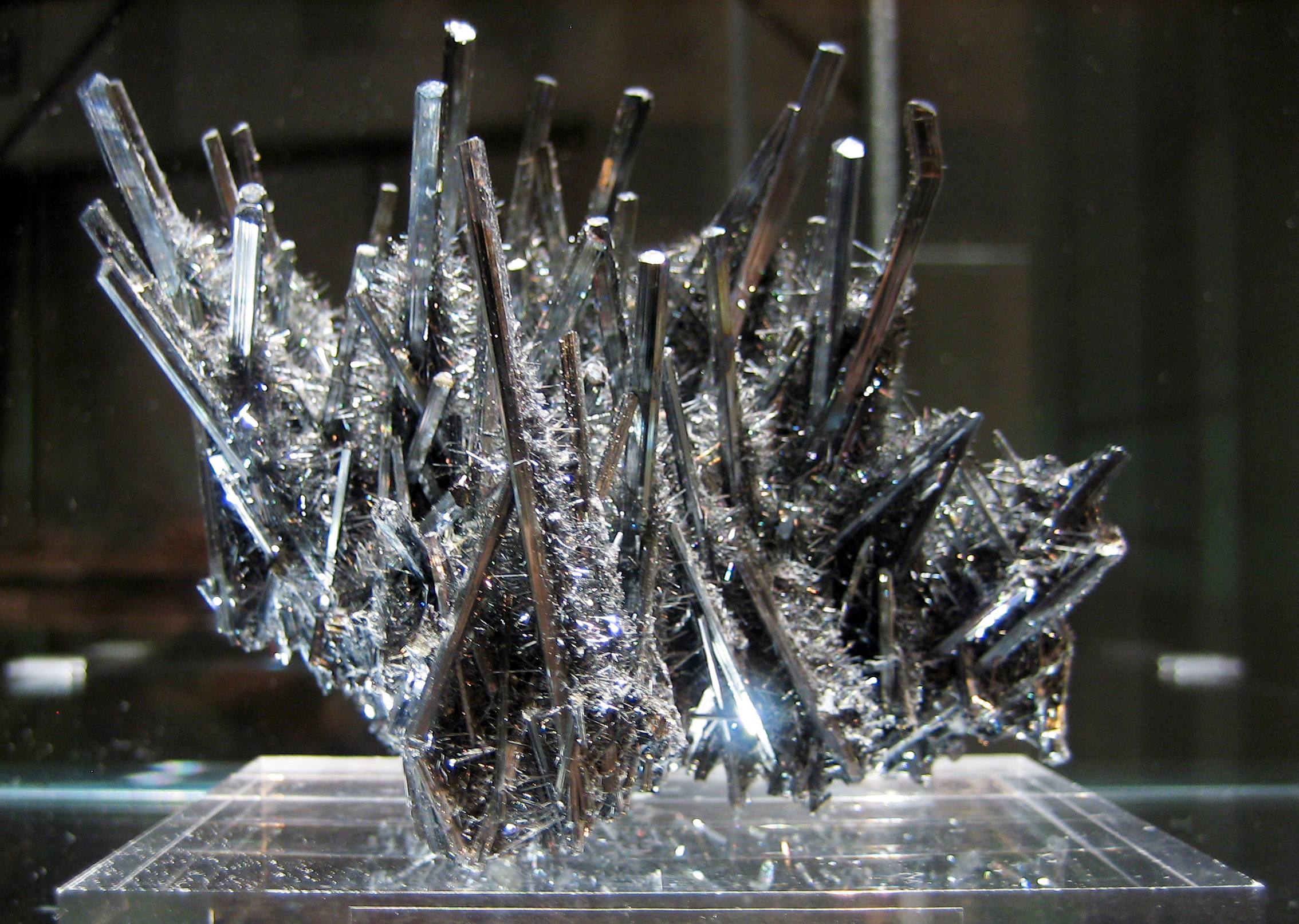 A specimen of stibnite showing its metallic, needle-like crystals